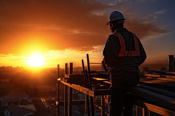Fototapeta premium Construction worker on scaffolding at dawn, captivated by the vibrant hues of the city sunrise, a picturesque scene that fills them with motivation and hope for the possibilities of the day ahead.
