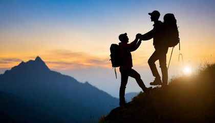 Silhouette of hiker aiding friend, ascending mountain at dusk, symbolizing teamwork, support, achievement