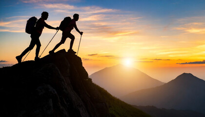 Silhouette of hiker aiding friend, ascending mountain at dusk, symbolizing teamwork, support, achievement