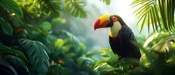 Birds at tropical deep  forest. Jungle wallpaper. Generative AI 