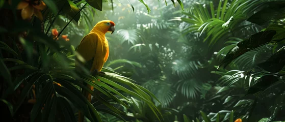 Foto op Aluminium Colorful jungle parrot at tropical deep forest. Illustration with birds.  Generative AI  © Inai