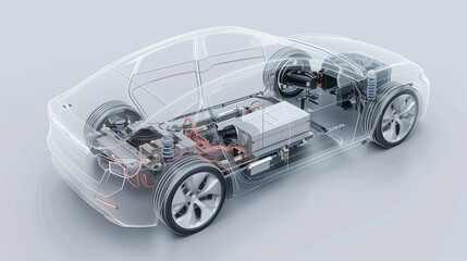 A transparent x-ray illustration of an electric vehicle showcases its complex internal mechanics and battery system.