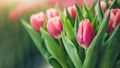 pink tulip buds with fresh green leaves against blurred clean backdrop