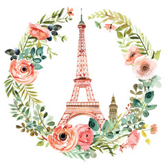 Fototapeta na wymiar Sweet Watercolor Illustration Pink Eiffel Tower