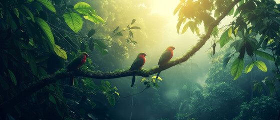 Colorful jungle parrot at tropical deep forest. Illustration with birds.  Generative AI 