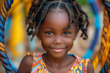 A radiant smile illuminates the beautiful face of a young girl with dreadlocks, as she stands confidently outdoors in her stylish clothing, exuding the pure joy and innocence of childhood in this cap - obrazy, fototapety, plakaty