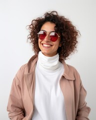 Smiling Arabic Hipster Woman in Sunglasses Backlit Portrait