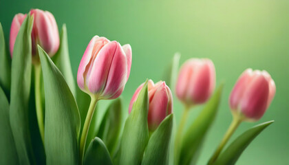 pink tulip buds with fresh green leaves against blurred clean backdrop