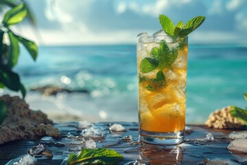 A refreshing summer drink awaits on a rustic table, with a hint of mint and the coolness of ice cubes inviting you to take a sip and relax under the warm sun - obrazy, fototapety, plakaty
