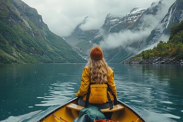 As the fog lifted over the calm lake, a woman in a vibrant yellow canoe gracefully paddled through the peaceful waters, surrounded by the majestic mountains and serene sky - obrazy, fototapety, plakaty