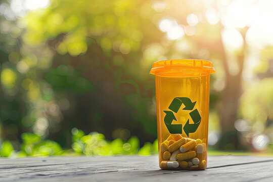 A medicine bottle displaying a recycling logo that promotes green practices for correctly throwing out old prescription pills, underscoring the need to protect the environment