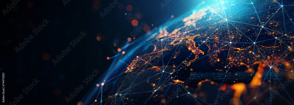 Poster dynamic digital world map emphasize Western Europe continental for AI powered global network  connectivity big data transfer cyber technology network information exchange  telecommunication concept.