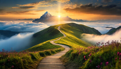 winding path through clouds leads to a soft, bright light in the distance, symbolizing hope and optimism
