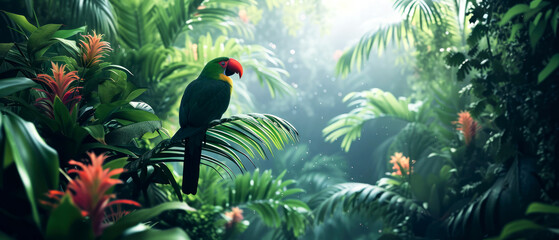 Colorful jungle parrot at tropical deep forest. Illustration with birds.  Generative AI  - obrazy, fototapety, plakaty