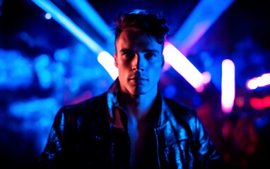 A brutal, handsome man against a background of neon lights and glare. - 744713866
