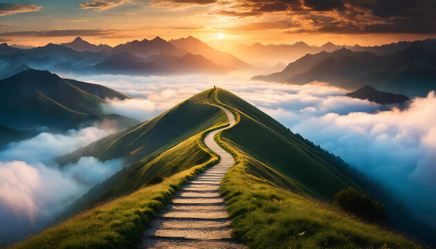 winding path through clouds leads to a soft, bright light in the distance, symbolizing hope and optimism