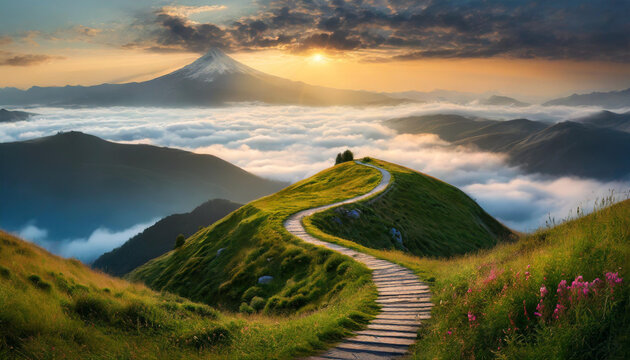 winding path through clouds leads to a soft, bright light in the distance, symbolizing hope and optimism