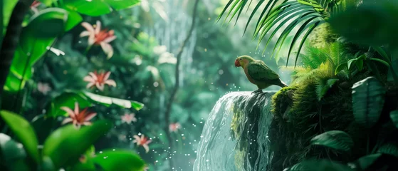 Foto op Canvas Colorful jungle parrot at tropical deep forest. Illustration with birds.  Generative AI  © Inai