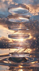 Dazzling Light Play: Futuristic Glass Discs Ascending in Sunlit Droplets