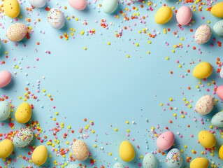 Top view photo of yellow pink blue easter eggs and sprinkles on isolated pastel blue background with blank space in the middle