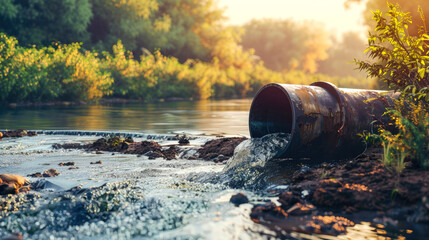 Draining wastewater from a pipe into a river, polluting rivers. Environmental pollution concept, ecological disaster - obrazy, fototapety, plakaty