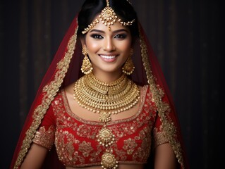 Beautiful Indian Bride in Intricate Bridal Dress and Adorned Jewelry