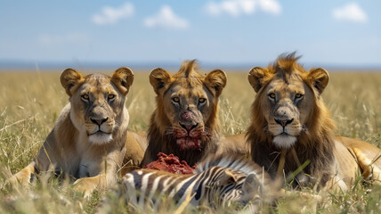 Group of lion (Panthera leo) lying in the savannah and eating a bloody zebra, AI generated