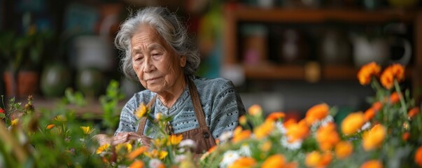 Fototapeta premium A gentle smile graces the face of an elderly woman as she delicately arranges a beautiful bouquet of flowers, breathing life into her inviting home with each thoughtful placement.