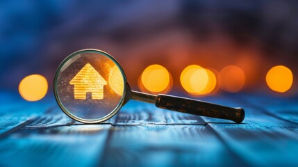 Searching for a new home  magnifying glass near residential building in rental housing market