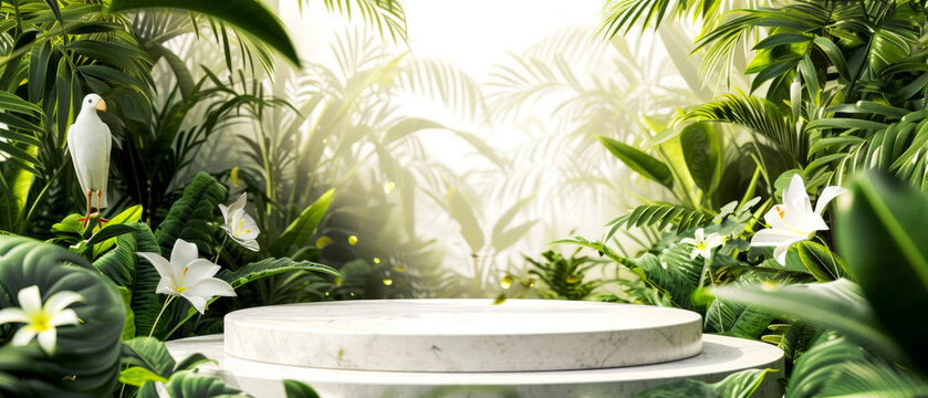 White marble platform, podium, with golden texture, shimmer, steam, on jungle tropical leaves background. Mock up, display for product presentation. Lights, shadows effect. Generative AI