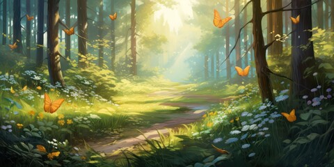 Sunny Day in a Flowering Forest Glade Butterflies and Summer Grass - obrazy, fototapety, plakaty