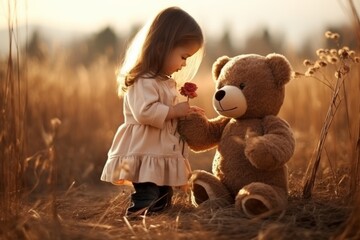 In a wheat field at sunset, a young girl with long hair and a bright smile offers a red flower to a giant teddy bear, showcasing innocence and friendship in natures beauty.