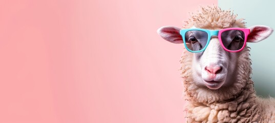 Sheep in sunglasses on pastel background, ideal for text, fun animal concept for designs and ads.