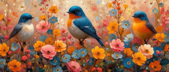 Birds in a Garden, Colorful Birds on Flowers, A Painting of Four Bluebirds, Four Bluebirds on a Flower Field.