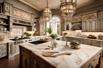 A French provincial kitchen with ornate detailing, muted colors, and a charming farmhouse sink. A...