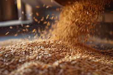 Wheat grains being poured in bulk, illustrating concepts of food logistics, cereal commodity markets, and agricultural economics for use in industry reports and educational texts. High quality - obrazy, fototapety, plakaty