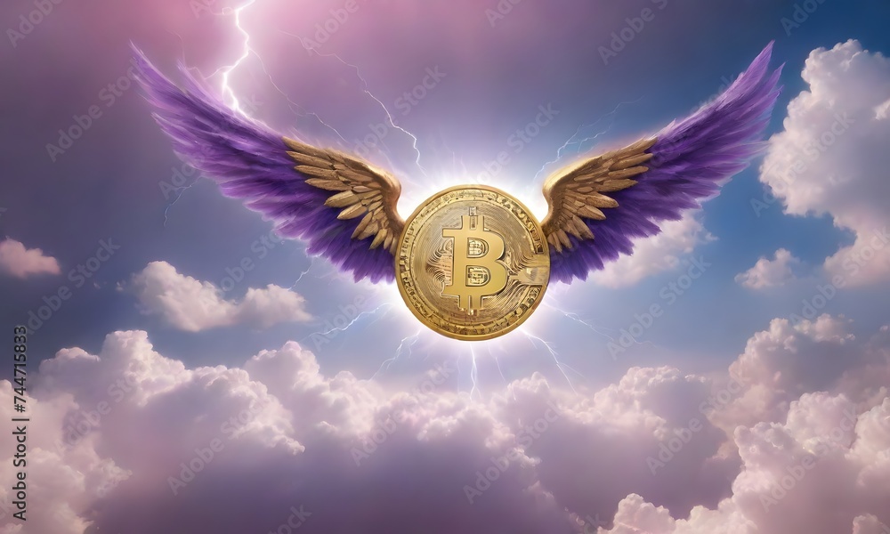 Poster a symbolic golden bitcoin with wings rises against a backdrop of stormy clouds and lightning, repres
