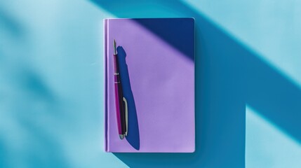 a pen sitting on top of a purple notebook next to a shadow of a person's shadow on the wall.
