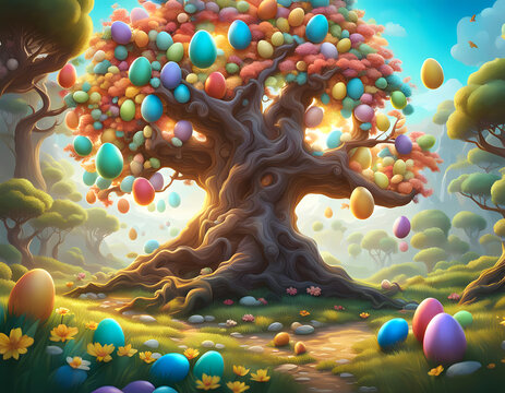 A mystical gnarled tree  with colored Easter eggs hanging on it