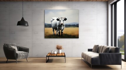 a living room with a couch, chair, and painting of a cow in the middle of the room on the wall.