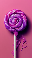 Purple and Pink Swirled Lollipop with Melting Icing on Pink Background