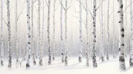 a painting of a snowy forest with lots of trees in the foreground and snow on the ground in the foreground.