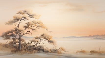a painting of a foggy landscape with a tree in the foreground and a distant mountain in the background.