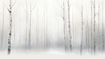 a painting of a group of trees in a snowy forest with snow on the ground and snow on the ground.