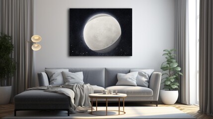 a living room with a couch, table, and a painting of the moon in the middle of the room.