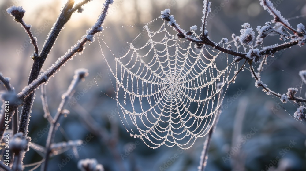 Wall mural a close up of a spider web on a tree branch with frost on the branches and the sun in the background