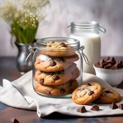 Delicious chocolate chip cookies in a glass cookie jar on a evening tea table; closeup photo of biscuits in a cookie jar 