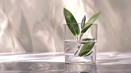 Sage leaves floating in a crystal-clear glass of water. 