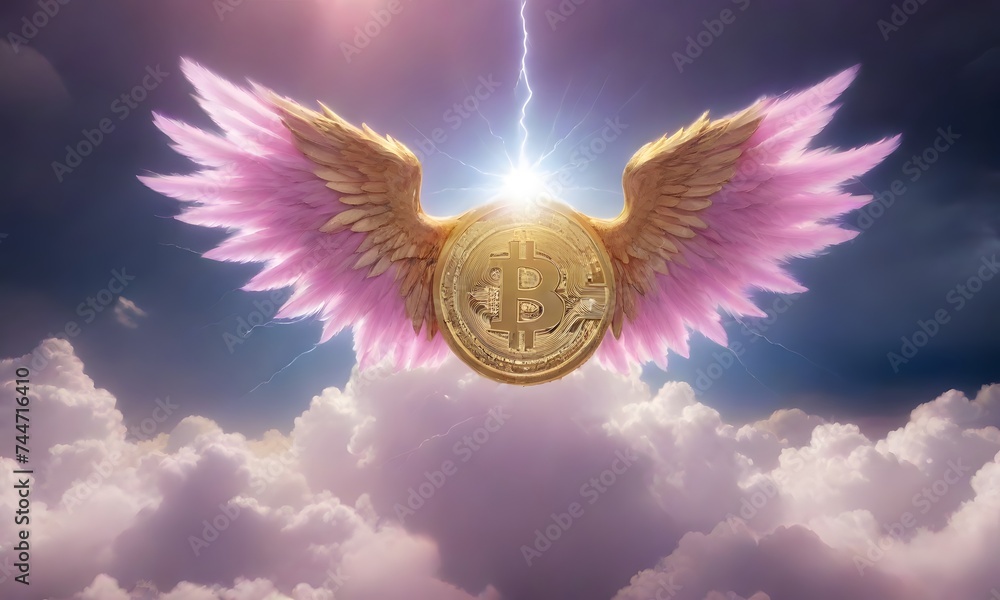 Poster a winged bitcoin soars through a dramatic celestial storm, with rays of light and electricity adding