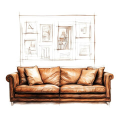 brown upholstered sofa for the interior of the house, furniture design. artificial intelligence generator, AI, neural network image. background for the design.